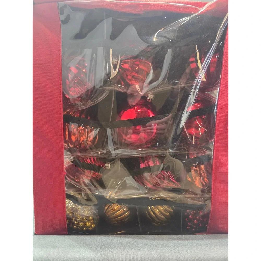 Assorted Christmas Ball Ornaments Red Gold Copper Ribbed Set with Storage Bag
